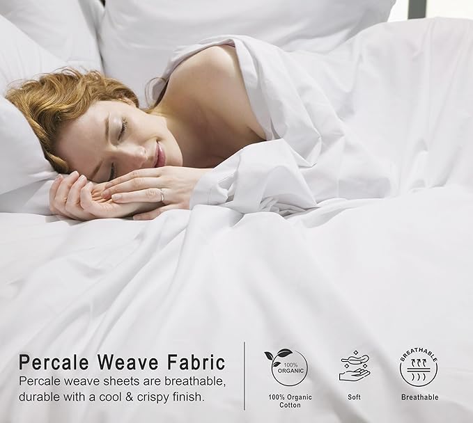 RUVANTI 100% Organic Cotton Sheets King Size, Percale Weave, GOTS Certified, 4-Piece Set, Deep Pocket 15", Crisp & Breathable, Soft Durable Bedding, Sábanas Algodón Orgánico – Bright White