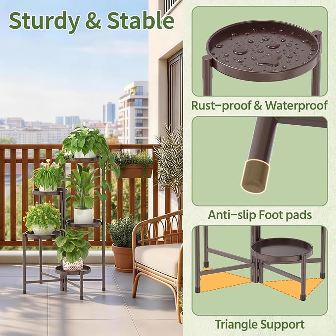LASZOLA 5 Tier Large Plant Stand Indoor Tall with 10 Inch Metal Tray, Corner Folding Flower Display Rack, Modern Plant Holder Shelf for Outdoor Patio Porch Garden Office Living Room, Bronze