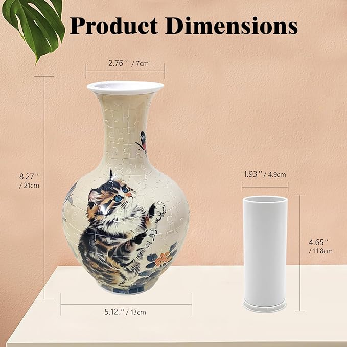 3D Puzzle Vase, 160 Curved Pieces DIY Flower Vase Craft Kit & 3D Puzzles for Adults, Creative Jigsaw Art Project Home Décor Centerpiece, for Women, Mom (Beige Cat & Butterfly)