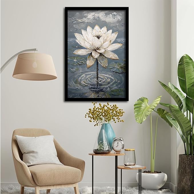 Stunning white lotus emerges from prismatic water with delicate petals background Serene aquatic wall art suitable for modern minimalist decor 12x18in Metal blackFramed
