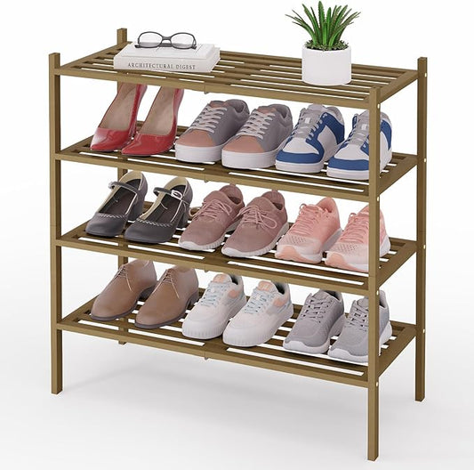 Smiry Bamboo Shoe Rack 4-Tier, Stackable Wooden Shoe Organizer for Entryway & Closet, Free Standing Wood Shoe Storage Shelf for Front Door & Small Spaces, Walnut