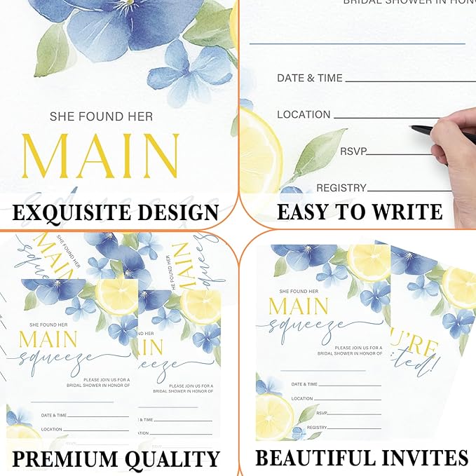 Main Squeeze Bridal Shower Invitations, Set of 25 Lemon Citrus Summer Bridal Shower Invites with Envelopes for Engagement Wedding Party-A10