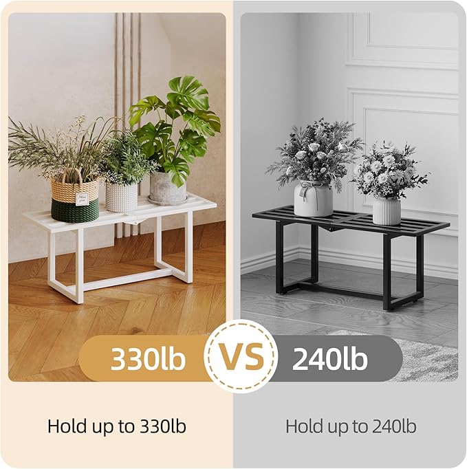 Plant Stand Indoor Outdoor, Foldable Metal Plant Shelf for Multiple Pots, Mid Century Slatted Bench for Patio Garden, Heavy Duty Capacity 330 lbs 2 Pack White