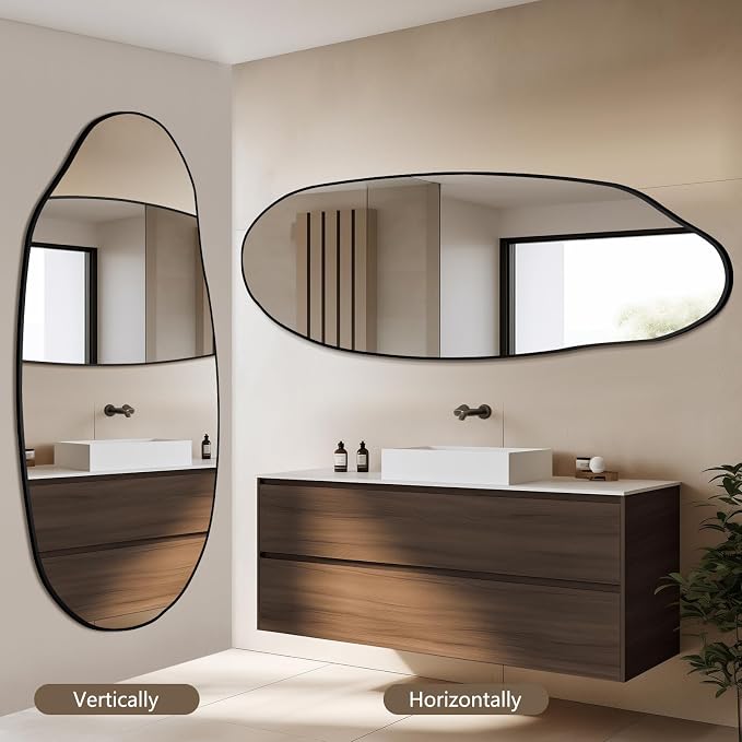 Mirrorons Irregular Wall Mirror 63×24, Black Asymmetrical Bathroom Mirror, Oval Aesthetic Mirror, Full Length Mirrors, Shatterproof Black Bathroom Mirrors