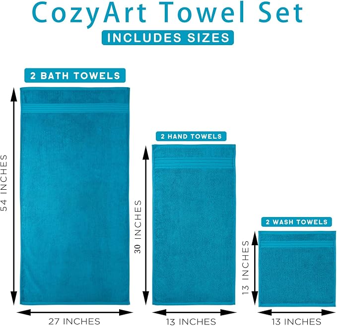 COZYART Luxury Crystal Teal/Peacock Blue Bath Towels Set, Cotton Hotel Large Towels for Bathroom, Thick Bathroom Set of 3 with 1 Bath Towel, 1 Hand Towel, 1 Washcloth, 650 GSM
