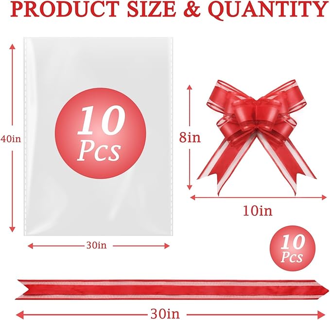 PigPotParty 30"x40" Clear Cellophane Gift Bags - Includes Bows – 10 Pack Large Cellophane Wrap for Gift Baskets, Plastic Gifts Bags for Gift Giving