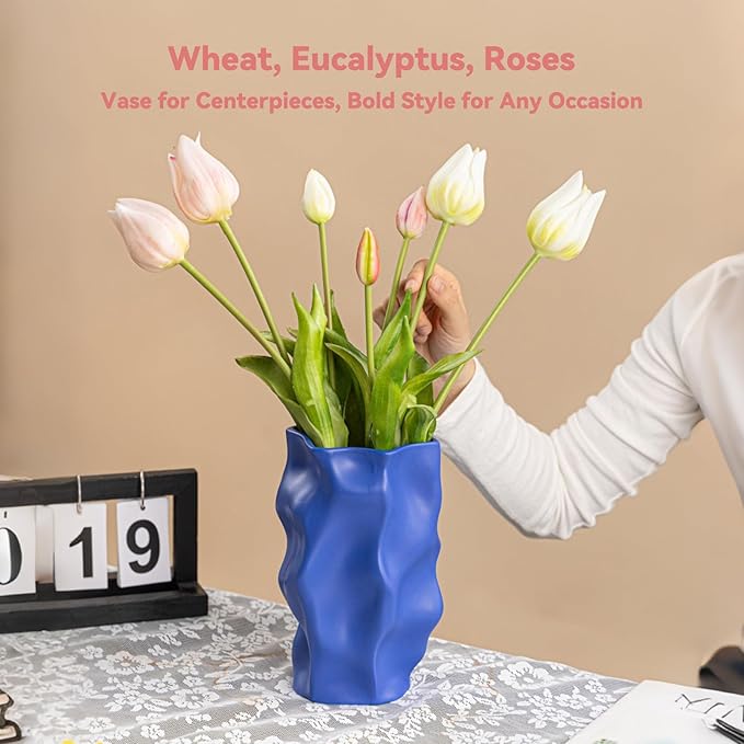 Blue Ceramic Vase for Home Décor – Modern Unique Flower Vase, Decorative Table Centerpiece – Handcrafted Ceramic Vase for Living Room, Office & Gift Ideas (ChifonCyan 8.3 inches)