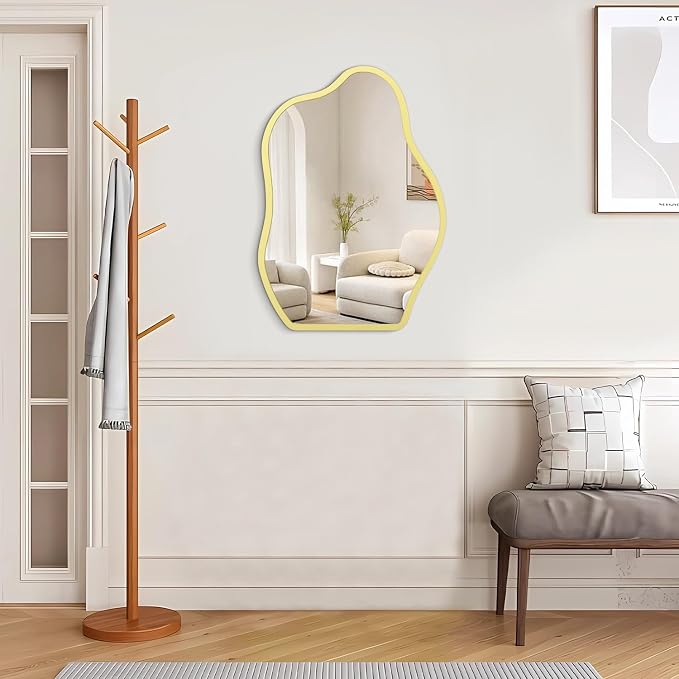 Yellow Irregular Wooden Framed Mirror Hanging Asymmetrical Mirror for Wall Modern Wall Mirror Unique Shape Decorative Vanity Bathroom Living Room Bedroom Entryway Hallway Artistic Large Mirrors