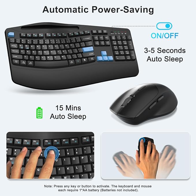 Wireless Keyboard and Mouse Combo, 2.4G Full Size Wave Keys Ergonomic Keyboard with Wrist Rest, Phone Holder, 3-Level DPI Wireless Silent Mouse with 6-Buttons, for Windows, Mac OS, Laptop (Blue Black)