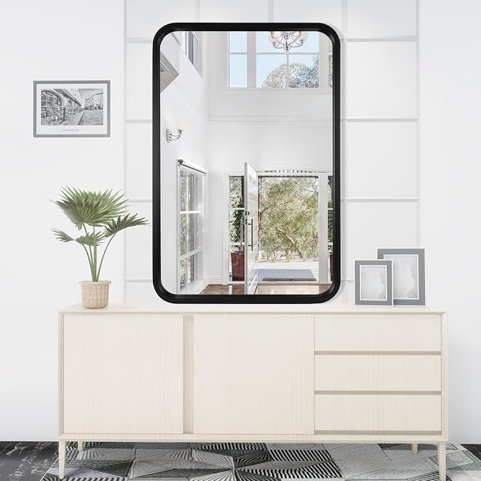 WallBeyond 24x36 Inch Wood Mirror for Bathroom, Wooden Frame Wall Mirror Farmhouse Wall Mounted Rectangle Mirror for Vanity (Horizontal/Vertical Black Color)
