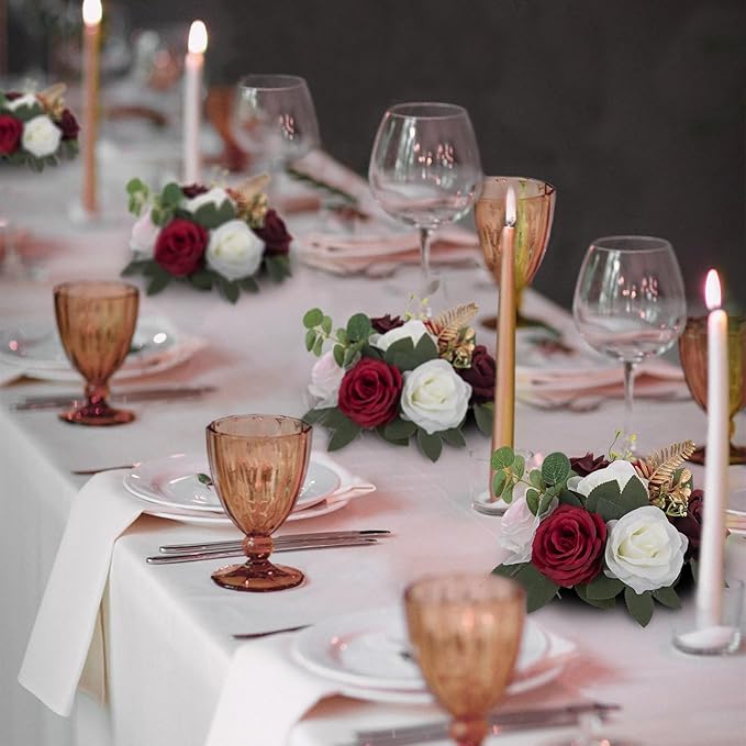 BLOSMON Artificial Flowers Ball Wedding Centerpieces 6 Pcs Burgundy Rose Artificial Flower Center Pieces Decoration for Table Silk Kissing Ball Faux Floral Bouquet Arrangements Home Party DIY Decor