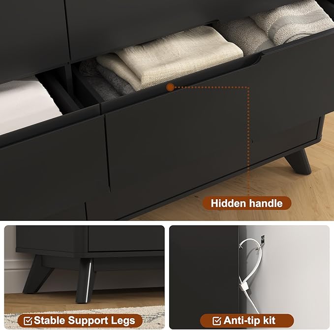Dresser for Bedroom with 6 Drawers, 55" Large Dresser & Chest of Drawers with Charging Station, Wood Closet Clothes Storage Long Dressers Organizer for Bedroom Living Room Hallway, Black