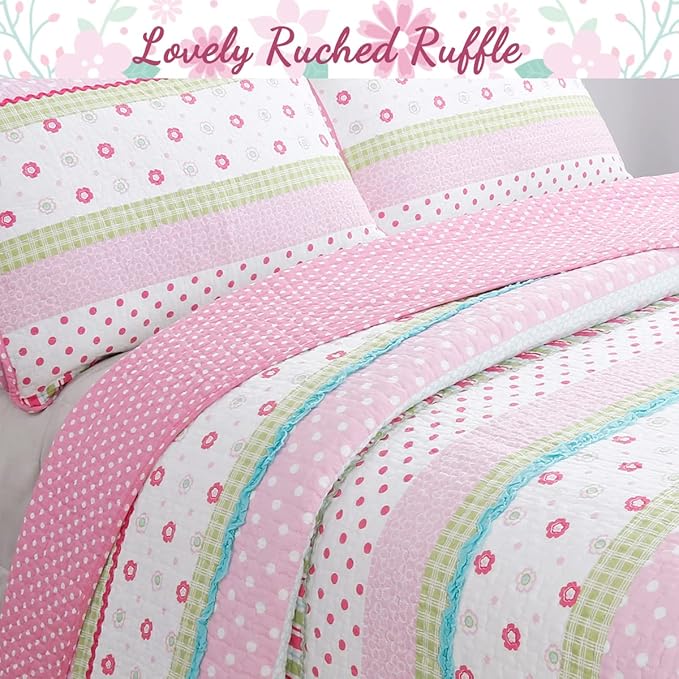 Cozy Line Home Fashions Pink Ruffle Flowers Polka Dot Girl 100% Cotton Reversible Quilt Bedding Set, Coverlet, Bedspread for All Seasons (Queen - 6 Piece)