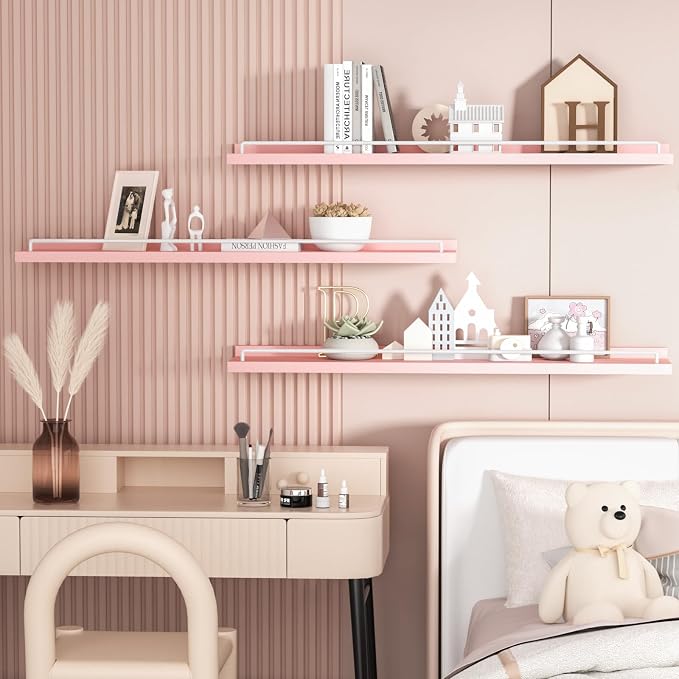 RYOFOBETTO 32 inches Long Floating Shelves, Bathroom Decor Shelves Over Toilet, Farmhouse Wall Shelves for Living Room, Bedroom, Picture Frames, Plants, Kitchen, Set of 3 (Pink and White)