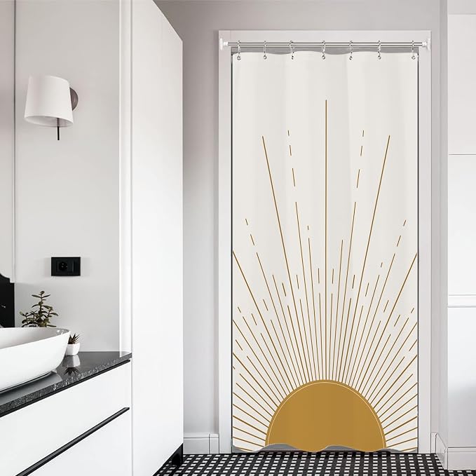 Miyotaa Stall Abstract Sun Shower Curtain Set 36Wx71H Inches Half Small Modern Minimalist Mid Century Aesthetic Sunburst Sunrise Simple Polyester Waterproof Bathroom Curtain with Hooks