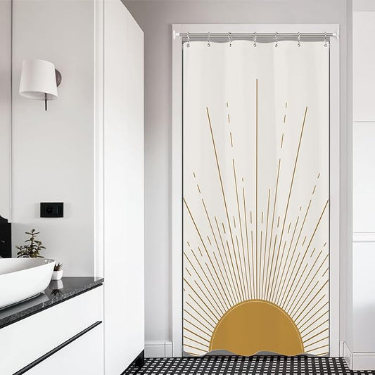 Miyotaa Stall Abstract Sun Shower Curtain Set 36Wx71H Inches Half Small Modern Minimalist Mid Century Aesthetic Sunburst Sunrise Simple Polyester Waterproof Bathroom Curtain with Hooks