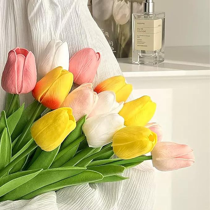 15PCS Artificial Tulips Flowers,Real Touch 14" Silk Fake Tulips,Bulk Fake Flowers,Faux Flowers,Artificial Flowers for Home Kitchen Office Dining Room Wedding Decorations (Colorful)