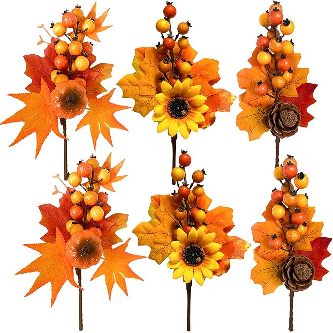 6 Pack Fall Stems Artificial Berry Picks Fall Picks with Pine Cone Sunflowers Pumpkin Maple Leaves Branches Decorations for Harvest Autumn Thanksgiving Day Wreaths Indoor Outdoor Home Decor