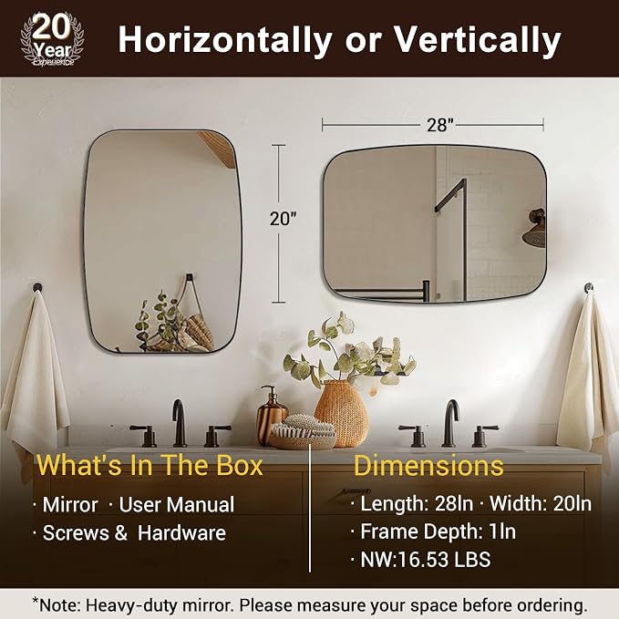 ANDY STAR 20x28 Black Bathroom Mirror, Oblong Vanity Mirror with Stainless Steel Metal Frame, Matte Black Mirror for Over Sink, Modern Anti Rust Wall Mounted