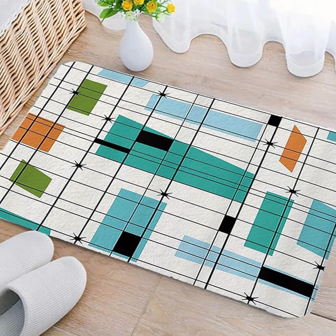 DYNH Mid Century Kitchen Rug Bath Rug, Aesthetic Abstract Geometric Mid Century Bath Mat Rug, Teal Retro Grid Starbursts 1950S 1960S MCM Modern Minimalist Floor Rug mat for Kitchen/Bathroom,17X29
