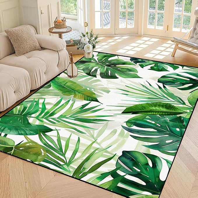 4'x6' Tropical Palm Leaf Rug Monstera Banana Leaves Floor Mat for Bedroom Living Room Nursery Playroom Classroom Home Decor Washable Low Pile Green Botanical Area Rug
