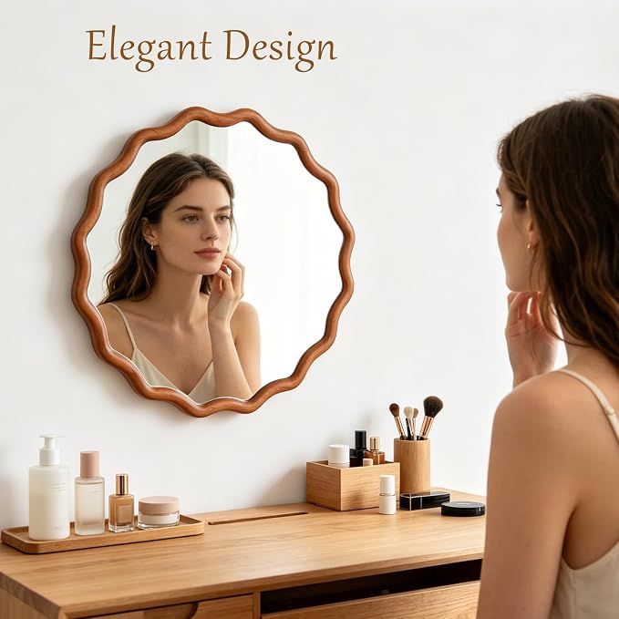 24" Wavy Edge Round Mirror, Solid Wood Framed Wall Decor with Clear Reflection for Bathroom, Bedroom, Living Room & Entryway (Yellowish-Brown)