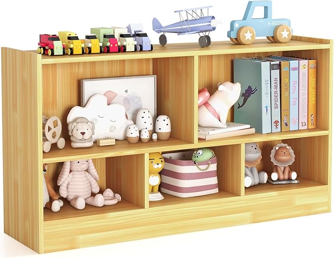 KOTEK Toy Storage Organizer, 5 Cubby Kids Bookshelf, Wooden 3-Tier Bookcase Storage Cabinet, Open Display Book Shelf for Daycare, Nursery, School Classroom, Playroom & Living Room (Burlywood, 5 Cubes)