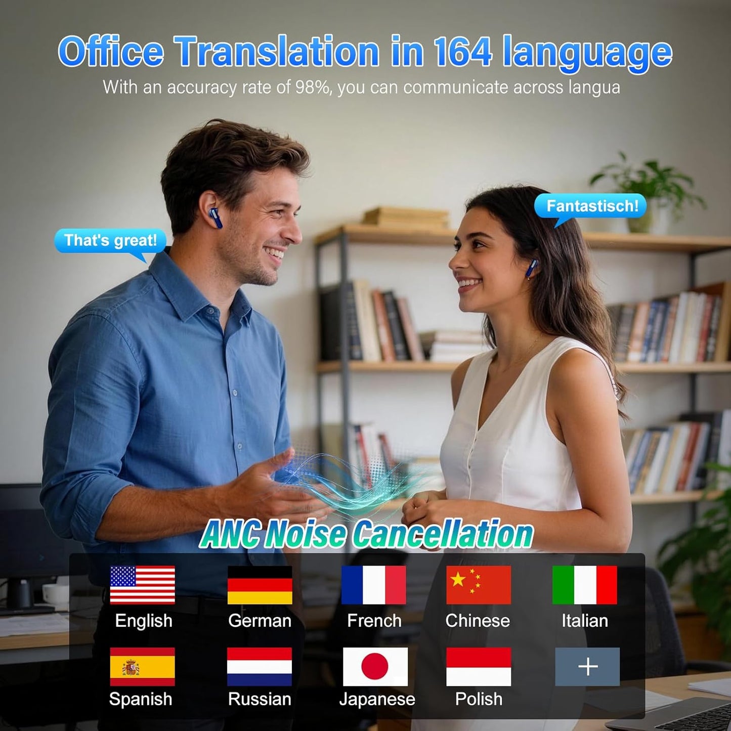 Skiennix AI Translation Earbuds - Real-Time 164 Languages Translator with 7 Modes | 48H Battery Life, Touch Screen & App, Blue