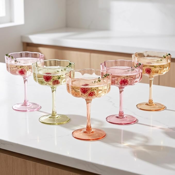 Summer Flower Scalloped Vintage Wavy Petals Wave Glass Coupes 7oz Colorful Martini, Champagne & Cocktails, 5 Set Colored Rippled Champagne Glasses, Elegant Bar Glassware, Aesthetic Coupe Glassware