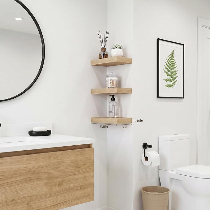 Oak Floating Shelves for Wall Set of 3, 11.8 Inch Small Wood Wall Shelves for Bathroom Over Toilet, Kitchen & Bedroom Storage, Wall Mounted Shelves for Spice Jars, Plants & Decor