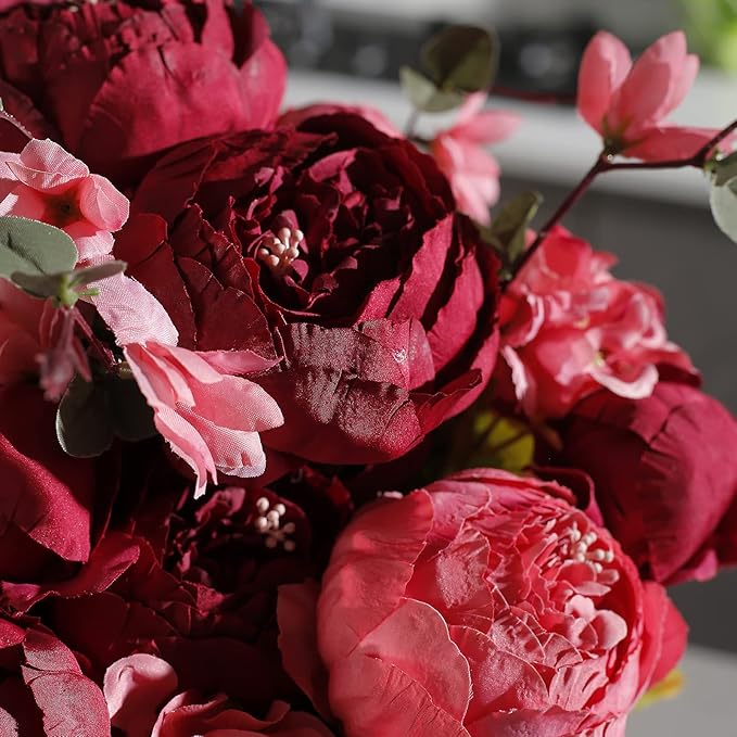 Fule 2 Pack Large Artificial Peony Silk Flower Bouquets Arrangement Wedding Centerpieces (New Dark Red)
