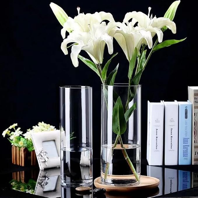 3 Pcs Acrylic Clear Cylinder Flower Vase for Plants Bouquet, Unbreakable Hurricane Tall Large Plastic Vases for Wedding Centerpieces, Hydroponic Decor Base Set of 3 (H 8" + H 10" + H 12" No Flowers)