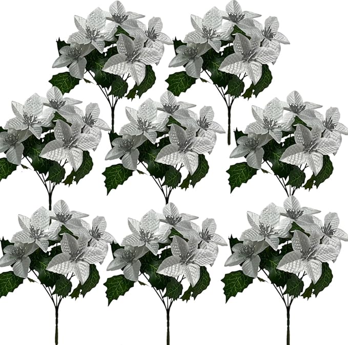 8 Pack 5 Heads Christmas Artificial Poinsettia Flowers Faux Poinsettia Bush Bouquets Silk Poinsettia Christmas Tree Ornaments Poinsettia Flower Arrangement for Home Decor