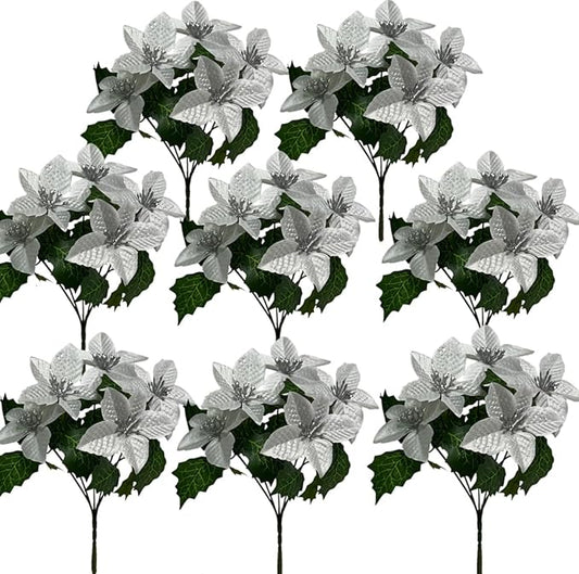 8 Pack 5 Heads Christmas Artificial Poinsettia Flowers Faux Poinsettia Bush Bouquets Silk Poinsettia Christmas Tree Ornaments Poinsettia Flower Arrangement for Home Decor