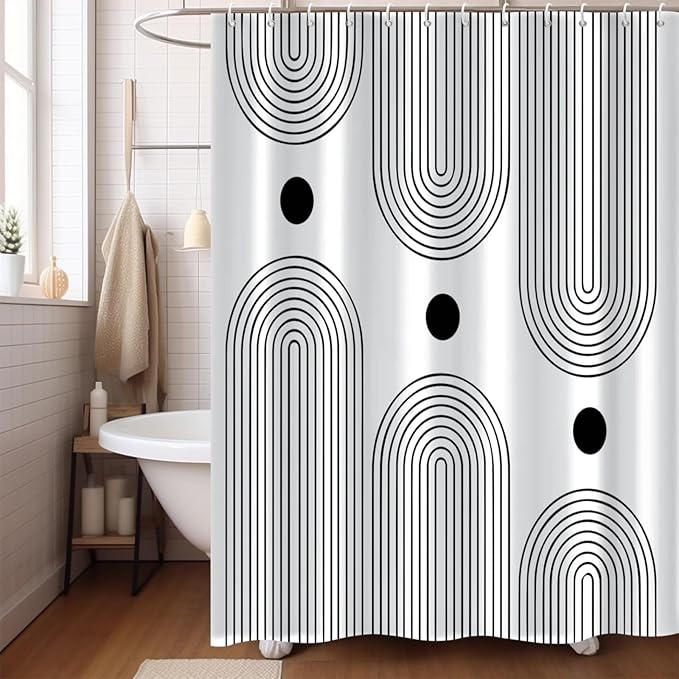 White and Black Extra Long Shower Curtain, Boho Minimalist Mid Century Modern Arch Geometric Machine Washable Waterproof Fabric for Bathroom Bathtub Decor with Hooks 72Wx78H