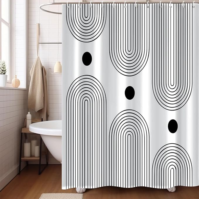 White and Black Shower Curtain, Boho Minimalist Mid Century Modern Arch Geometric Machine Washable Waterproof Fabric for Bathroom Bathtub Decor with Hooks 60Wx72H