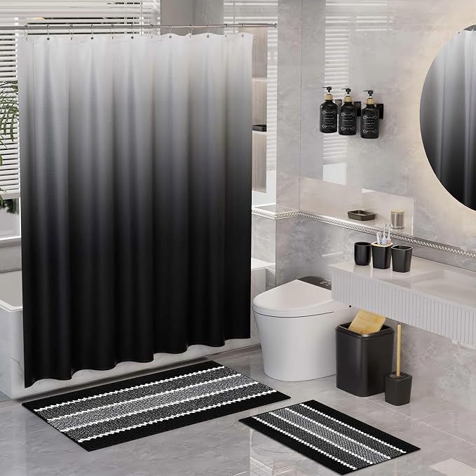 XLHOMO 34PCS Black Bathroom Accessories Sets Complete, with Shower Curtain, Rugs, Trash Can and Toilet Brush, 3PCS 17oz Soap Dispenser Wall Mounted, Toothbrush Holder and Cup, Soap Dish, Qtip Holder