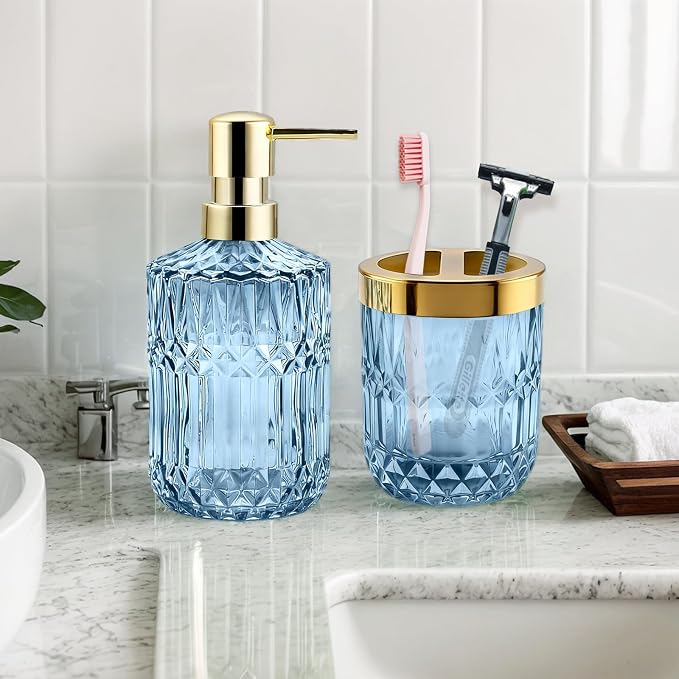 2Pcs Blue Bathroom Accessories Set, Glass Bathroom Accessories, Vintage Bathroom Countertop Decoration Includes Soap Dispenser, Toothbrush Holder