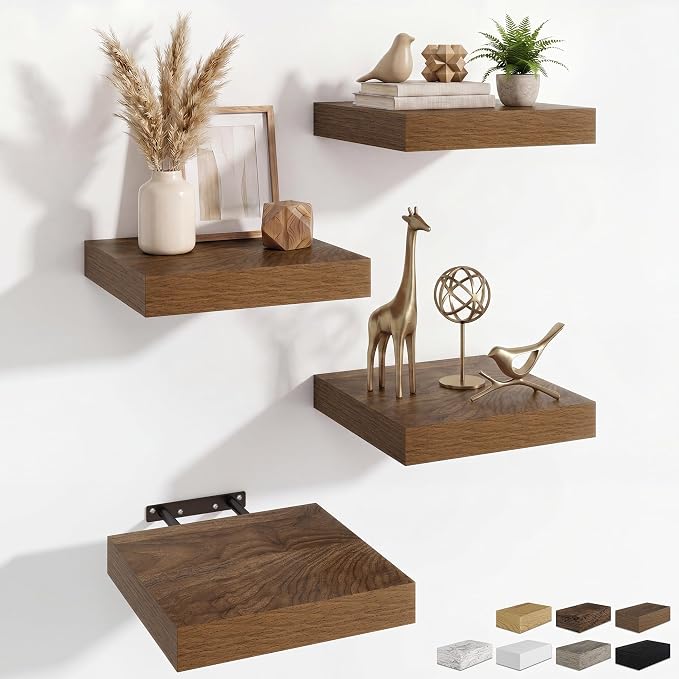 RICHFOCUS 8 Inch Floating Shelves for Wall Small Square Shelves Set for Bedroom|Kitchen|Bathroom|Laundry Room Rustic Wood Wall Mounted Shelf with Invisible Brackets for Books|Storage|Decor, Walnut