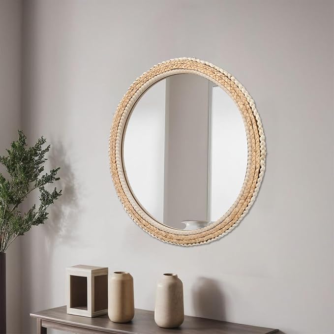 FUIN 24" Rattan and Wood Round Mirror for Boho Bathroom, Entryway, Living Room Decor
