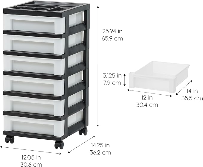 IRIS USA Craft Plastic Organizers and Storage, Rolling Storage Cart for Classroom Supplies, Storage Organizer for Art Supplies, Drawer Top Organizer for Small Parts, 6 Drawer, Black/Pearl