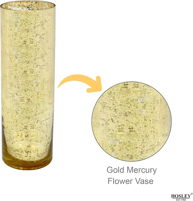 Hosley 12 Inch High Mercury Gold Glass Vase Decorative Glass Hurricane Vase. Ideal for Floral Arrangements Cut Flowers Weddings Aromatherapy DIY Craft Projects Led Lantern Votive Garden Spa