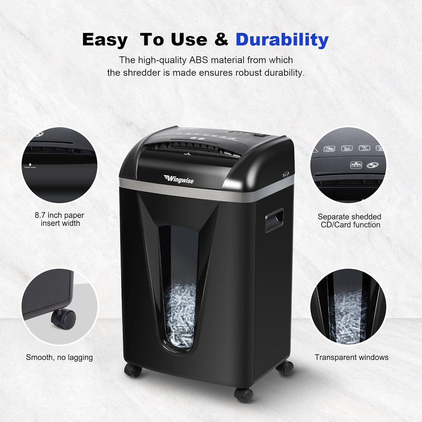 Wingwise 15-Sheet Paper Shredder - Quiet 58dB Operation, P4 Cross-Cut Security | 5.8-Gallon Bin, Shreds Credit Cards & CDs