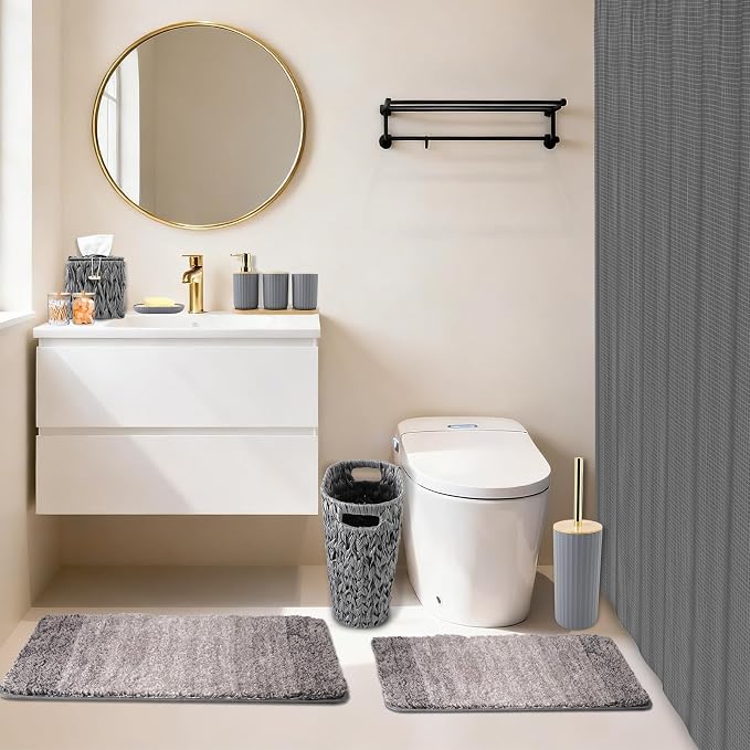 Bathroom Accessories Set, 25PCS Wicker Bathroom Accessory Set with Shower Curtain, Bath Mat, Soap Dispenser, Handwoven Trash Can & Rattan Tissue Box (Grey, Bath Set+Shower Curtain+Rugs)