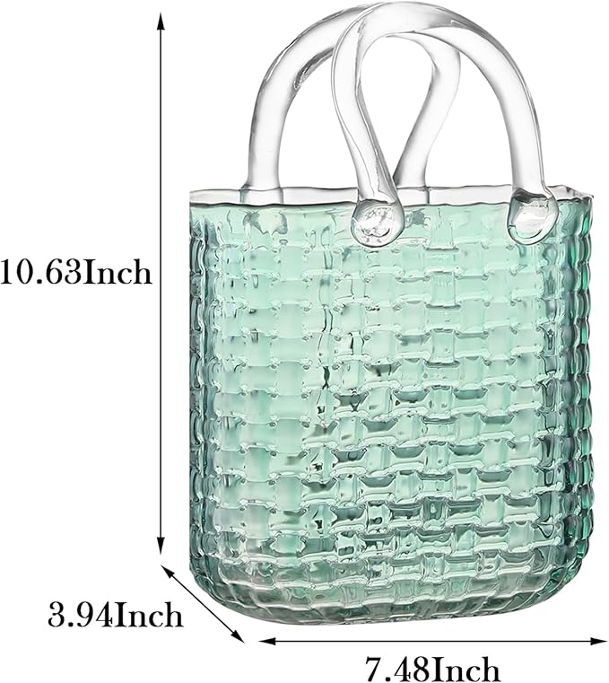 Glass Purse Vase for Flowers, Green Purse Flower Vase, Wide Mouth Glass Bag Vases, 10 Inch Large Handbag Shaped Vases for Home, Office Decor