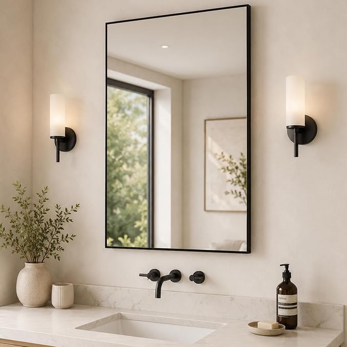 24"x36" Black Bathroom Mirror for Wall, Shatterproof Tempered Glass, Rectangle Thin Metal Frame, Ultra-Flush Wall-Mounted, H/V Mount