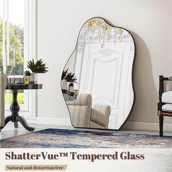 BEAUTYPEAK Asymmetrical Mirror, 20 x 28 Inches Irregular Wall Mirror, Wood Frame Unique Shape Wall Mounted, Decorative for Living Room Bedroom Entryway Hallway
