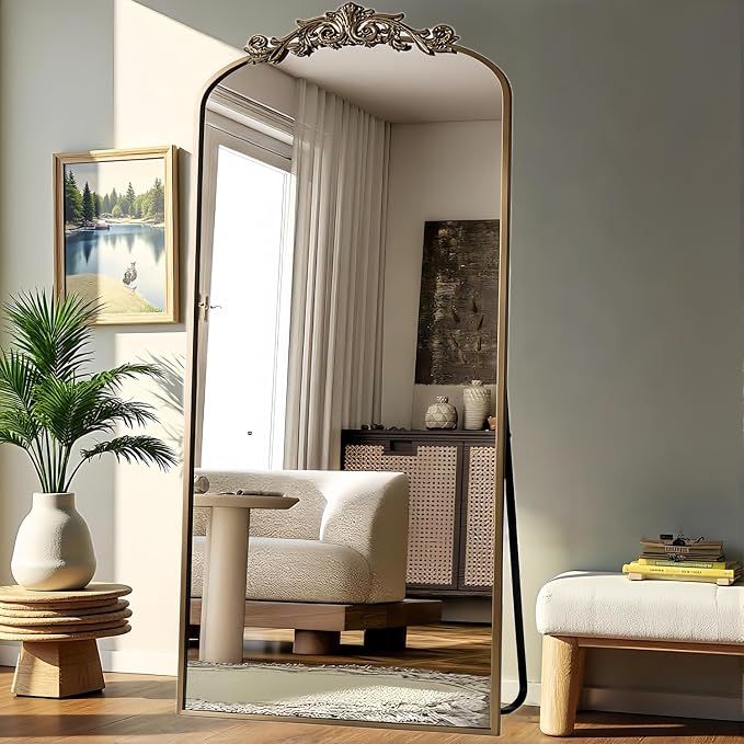 Dewfig Arched Full Length Mirror, 71"x32" Full Body Mirrors with Carved, Floor Mirror for HomeDecor, Standing/Halling Large Wall Mirror for Bedroom, Living Room, Cloakroom, Bronze, Retro Style