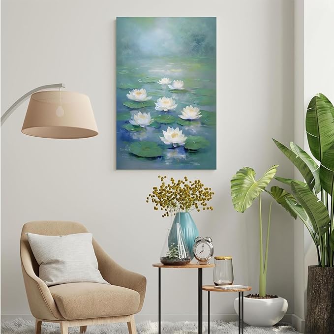 Zen wall art Delicate white lotus flower floating on calm water Vintage oil painting print Serene aquatic wall art creates a tranquil home decor 20x30in Frameless