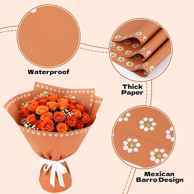 AIHSUMC 40 Sheet Mexican Flower Wrapping Paper, Matte Waterproof Floral Wrapping Paper, De Barro, DIY Flower Bouquet, Floral Gift Wrap for Wedding Birthday Barro Bouquet Florist Supplies